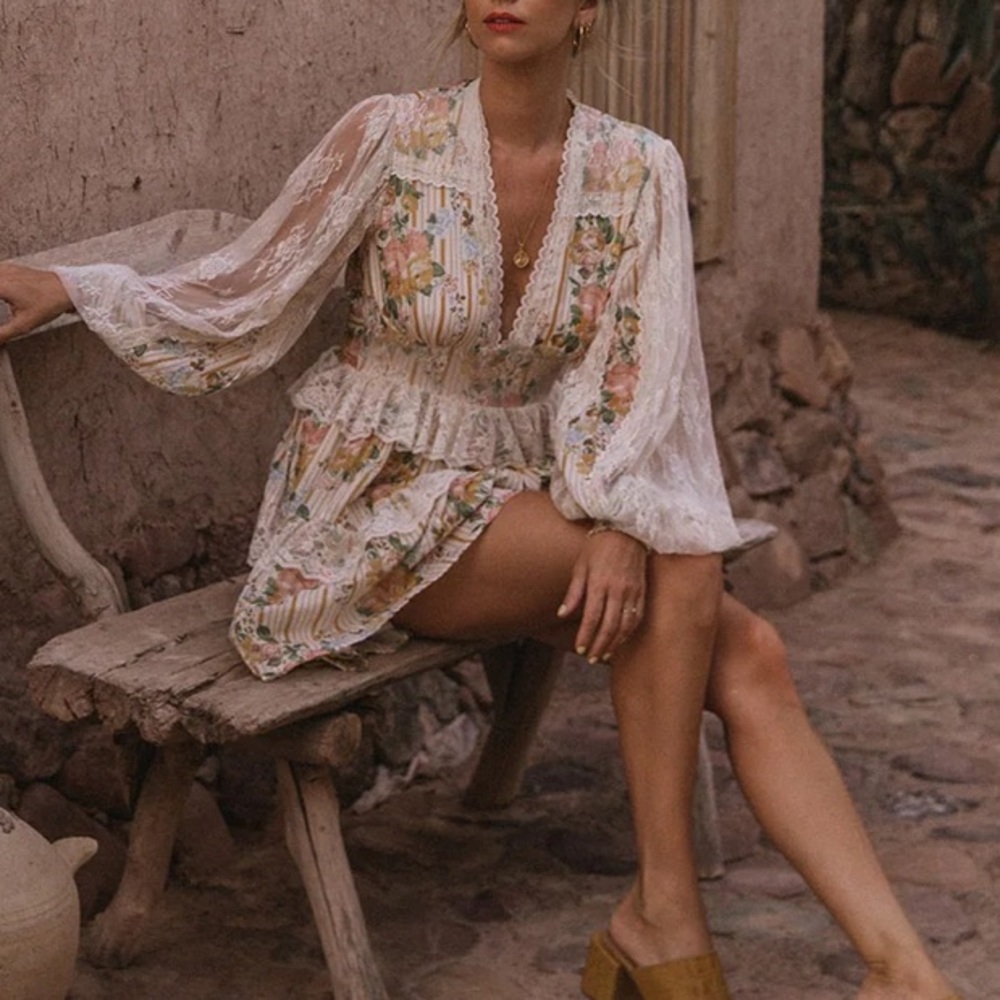 EUC Spell Floral and Lace Tie Back Dress in Yellow and Ivory